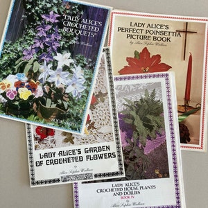 1970s Lady Alice's Crochet Booklets Set of 4 Botanicals Flowers Greenery Poinsettia