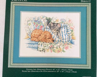 RE KIT Wake Up Call Counted Cross Stitch Kit #02150 JCA Elsa Williams Design by Leeeaa Whitten Vintage Complete Out of Print Kitty Puppy