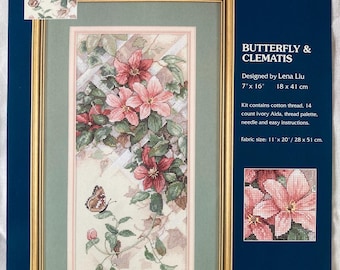 RE KIT Butterfly Clematis Cross Stitch Kit Sunset Dimensions #13686 c 2001 Design by Lena Liu Vintage OOP Botanical Nature
