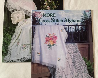Afghan Large Scale Counted Cross Stitch Pattern Booklets Set of 2 Vintage 1980’s OOP Cats, Floral, Praying Child, Quilt, Northwoods RARE