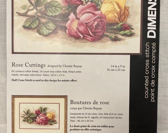 RE KIT Rose Cuttings Cross Stitch Kit designed by Christic Repasy Dimensions #13729 c 2004 14 in x 9 in (36 cm x 23 cm) 14ct Ivory Aida