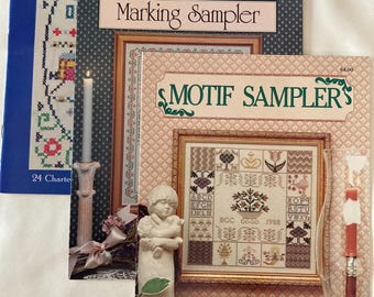 Samplers and Signs Set of 3 Counted Cross Stitch Booklets Vintage 1980s OOP Fun Rare Quick to Stitch Gifts