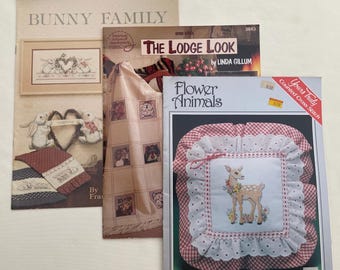Lodge Animals Bunnies Flower Animals Set of 3 Counted Cross Stitch Pattern Booklets Vintage 1980’s