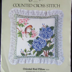 Something Special Oriental Bird Pillow Cross Stitch Kit with eyelet trim c1984 50129 Vintage RARE