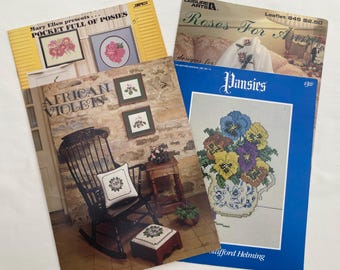 Flower Themed counted Cross Stitch Pattern Booklets Set of 4 1980s OOP Rare Roses Pansies African Violet Orchid Lily Cactus Gladiola