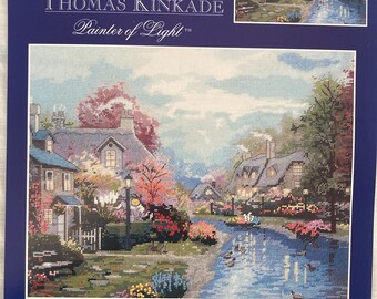 RE KIT Thomas Kinkade Lamplight Brooke Counted Cross Stitch Kit by Candamar Designs #50837F c 1999 Vintage OOP Rare Collectible