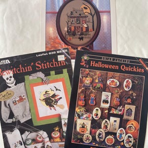 Halloween themed Counted Cross Stitch Pattern Leaflets Set of 3 Vintage 1980s 1990s OOP Rare Easy Quick Fun