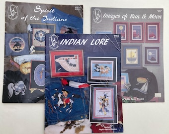 Native American Indians Set of 3 Vintage Counted cross Stitch Pattern Booklets by Stephanie Phyllis Berry Wooten 1980s 1990s OOP