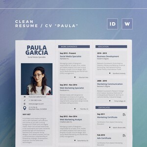 Clean Resume /Cv "Paula" / Word and Indesign Template / Professional and Creative Cv Resume Design + Cover Letter / Instant Digital Download