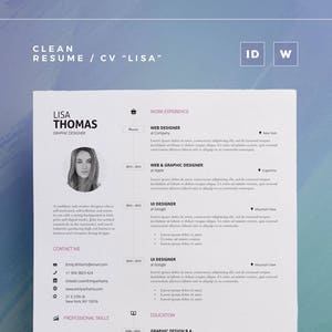 Clean Resume/Cv Lisa Word and Indesign Template Professional and Creative Cv Resume Design Cover Letter Instant Digital Download image 1