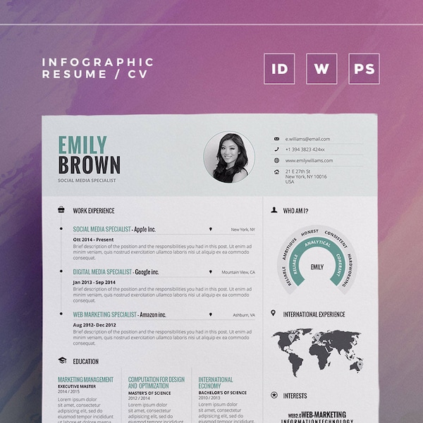 Infographic Resume Vol.1 | Word, Indesign and Photoshop Template | Professional and Creative Cv Resume Design | Instant Digital Download