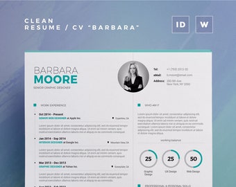 Clean Resume/Cv "Barbara" | Word and Indesign Template | Professional and Creative Cv Resume Design | Instant Digital Download