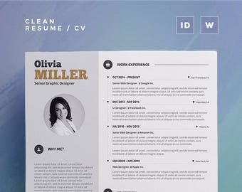 Clean Resume/Cv "Olivia" | Word and Indesign Template | Professional and Creative Cv Resume Design + Cover Letter | Instant Digital Download