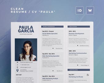 Clean Resume/Cv "Paula" | Word and Indesign Template | Professional and Creative Cv Resume Design + Cover Letter | Instant Digital Download