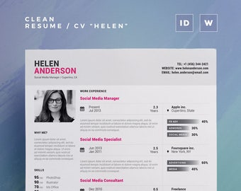 Clean Resume/Cv "Helen" | Word and Indesign Template | Professional and Creative Cv Resume Design + Cover Letter | Instant Digital Download