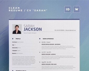 Clean Resume/Cv "Sarah" | Word and Indesign Template | Professional and Creative Cv Resume Design + Cover Letter | Instant Digital Download