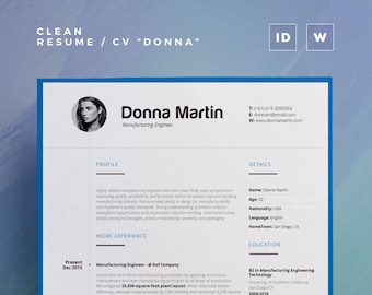 Czyste CV/Cv „Donna” | 2-stronicowy szablon Word i Indesign | Profesjonalny i kreatywny projekt CV | Natychmiastowe pobranie cyfrowe