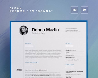 Clean Resume/Cv "Donna" | 2 Pages Word and Indesign Template | Professional and Creative Cv Resume Design | Instant Digital Download