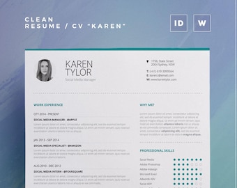 Czyste CV „Karen” | Szablon Word i Indesign | Profesjonalny i kreatywny projekt CV + list motywacyjny | Natychmiastowe pobranie cyfrowe