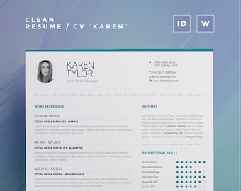 Clean Resume/Cv "Karen" | Word and Indesign Template | Professional and Creative Cv Resume Design + Cover Letter | Instant Digital Download