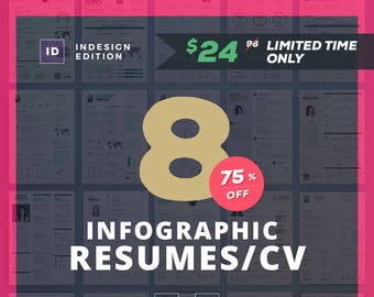 Infographic Bundle - Indesign Edition | 8 Indesign Resume Templates | Professional and Creative Cv Resume Designs | Instant Digital Download