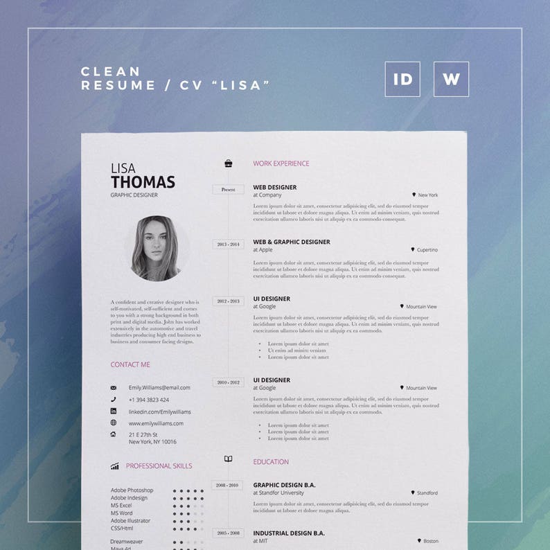 Clean Resume/Cv Lisa Word and Indesign Template Professional and Creative Cv Resume Design Cover Letter Instant Digital Download image 1