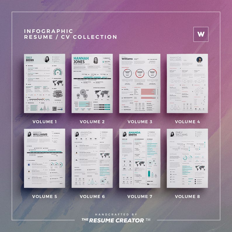 May include: A collection of eight infographic resume templates, each with a different design and layout. The templates feature a variety of charts, graphs, and icons to help you showcase your skills and experience. The templates are available in different volumes, with each volume containing a unique set of designs.