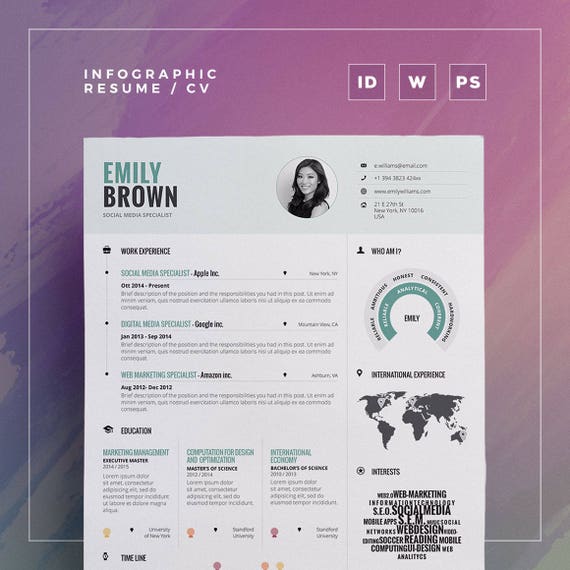 Infographic Resume Vol 1 Word Indesign And Photoshop Etsy