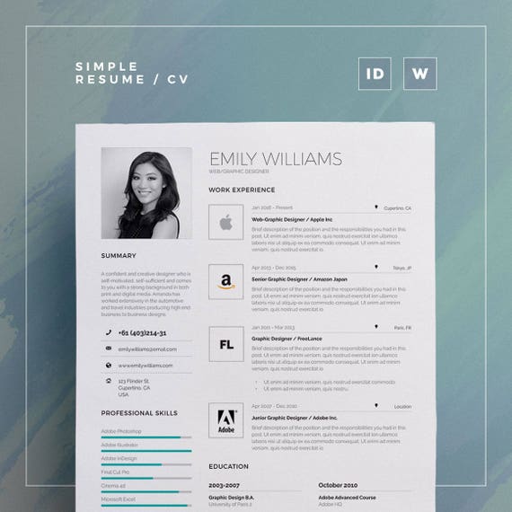 Simple Resume Cv Volume 7 Word And Indesign Template Etsy