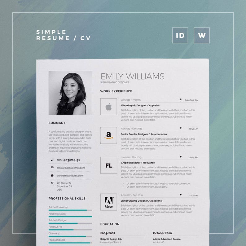 Simple Resume/Cv Volume 7 Word and Indesign Template Professional and Creative Cv Resume Design Instant Digital Download image 1