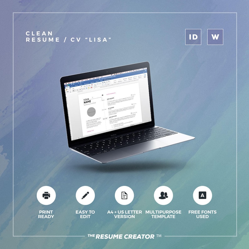Clean Resume/Cv Lisa Word and Indesign Template Professional and Creative Cv Resume Design Cover Letter Instant Digital Download image 3