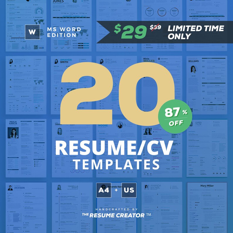 Puede incluir: Un collage de 20 plantillas de curr&iacute;culum vitae azules y blancas para Microsoft Word. El texto "20 plantillas de curr&iacute;culum vitae/CV" est&aacute; en letras amarillas grandes en el centro de la imagen. El texto "Hecho a mano por The Resume Creator" est&aacute; en la parte inferior de la imagen. El texto "29 &euro;" est&aacute; tachado y el texto "39 &euro;" est&aacute; encima. El texto "Tiempo limitado" est&aacute; a la derecha del precio. El texto "87% de descuento" est&aacute; en un c&iacute;rculo verde.