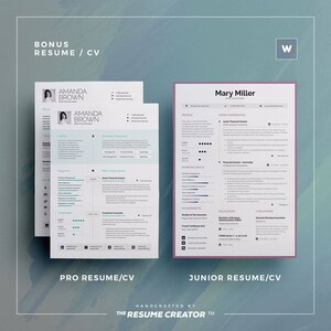 Puede incluir: Dos plantillas de curr&iacute;culum, una etiquetada como "Curr&iacute;culum Profesional" y la otra como "Curr&iacute;culum Junior". Ambas plantillas presentan un dise&ntilde;o moderno y minimalista con un dise&ntilde;o limpio y una paleta de colores profesional. Las plantillas incluyen secciones para el perfil, la experiencia laboral, la educaci&oacute;n, las habilidades y los logros.