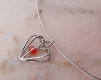 Love necklace in 925 silver cage and natural orange carnelian, physalis, spring, summer, graphic, plant, nature, flower, unique, original