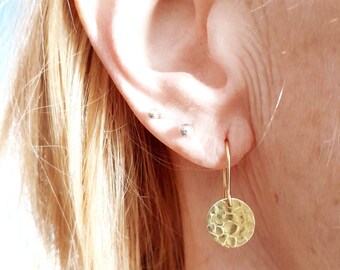Gold-plated hammered brass drop earrings, circle medallion design, gift for her