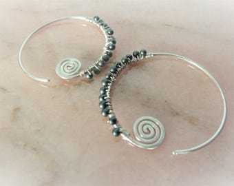 Grandes créoles argent *Boucles d'oreilles ethniques brodées* Massif 925,spirale,pierres fines,original,touareg