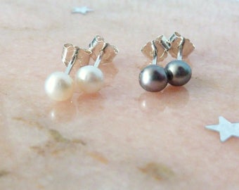 Stud Earrings in Sterling Silver & Natural Freshwater Pearls (white, pink, black)
