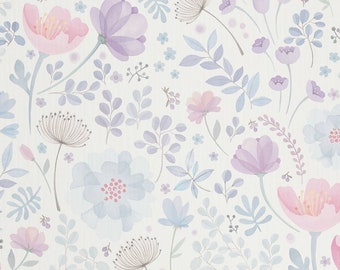 Wallpaper - Whimsy Floral Watercolor - Pink Purple, Peel and Stick Wall Mural
