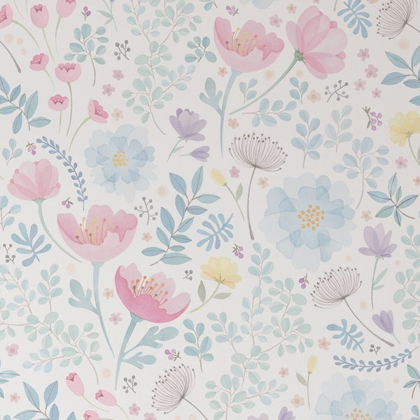 Whimsy Floral Watercolor Mural Wallpaper, Pink Blue, Peel and Stick Wall Mural