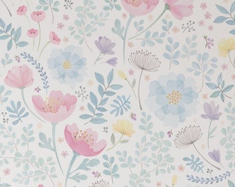 Whimsy Floral Watercolor Mural Wallpaper, Pink Blue, Peel and Stick Wall Mural