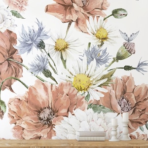 Vintage Meadow Floral Mural Wallpaper, Coral Blue, Wallpaper