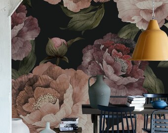 Bloom Flower Mural Wallpaper, Dark Watercolor Floral, Peel and Stick or Traditional Unpasted
