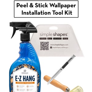 May include: A blue spray bottle labelled "Roman E-Z Hang Peel & Stick Helper - Pre-pasted Activator" with a white squeegee, a utility knife with a wooden handle, and a yellow roller with a wooden handle. The squeegee has the text "simple shapes" printed on it.