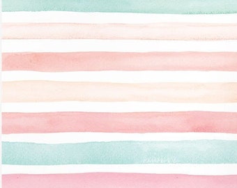 Watercolor Stripes Coral Mint , Peel and Stick Wallpaper