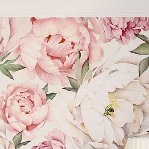 Peony Flower Mural Wallpaper, Mixed Pink, Watercolor Peony Extra Large Wall Art,  Wall Mural