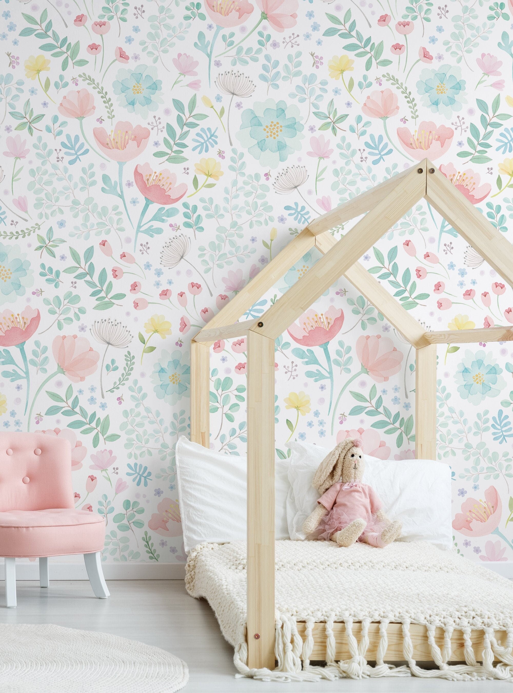 Whimsy Floral Watercolor Mural Wallpaper, Coral Mint,  Wall Mural