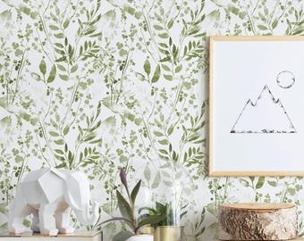Watercolor Foliage, Green, Wallpaper