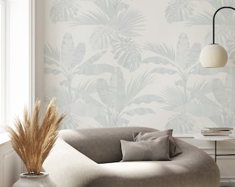 Papel de parede mural com folhas de palmeira à beira-mar, azul, autoadesivo ou tradicional sem cola.