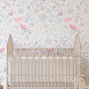 Whimsy Floral Watercolor Wallpaper Mural, Pink Purple, Peel and Stick or Traditional Unpasted