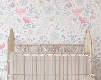 Whimsy Floral Watercolor Wallpaper Mural, Pink Purple, Peel and Stick or Traditional Unpasted